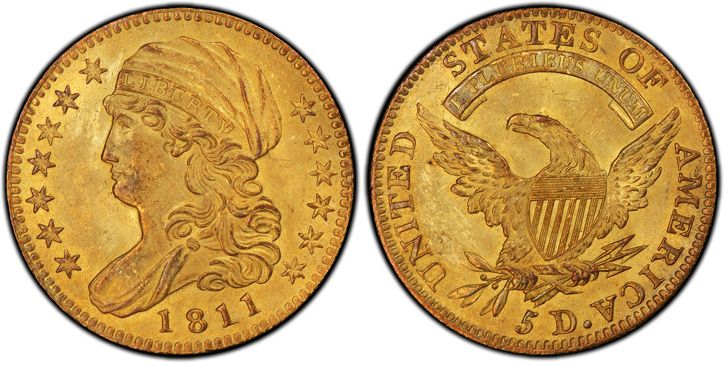 1811 Capped Bust Left Half Eagle. BD-2. Small 5. MS-64+ (PCGS).